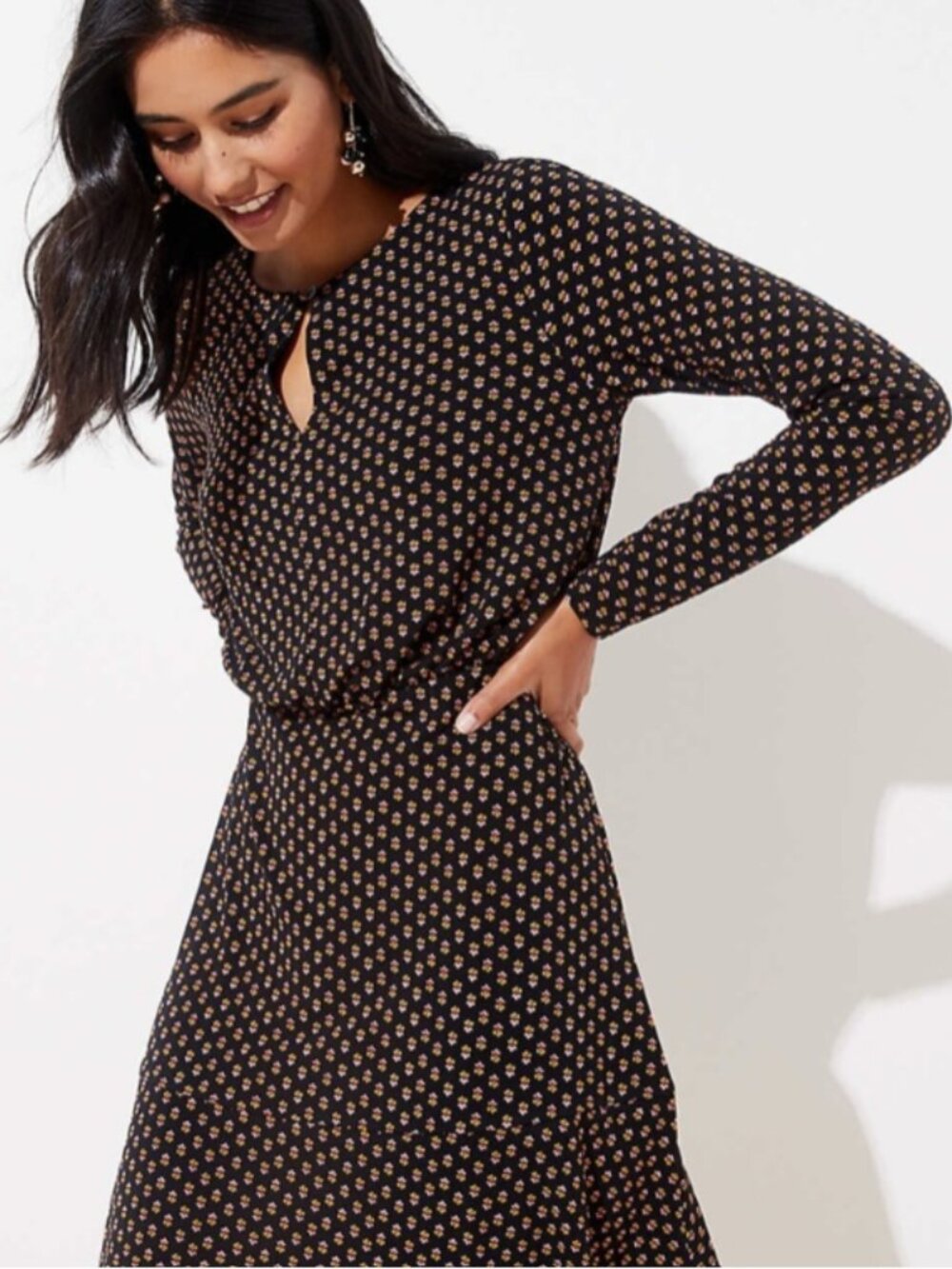 LOFT Bloom Long Sleeve Keyhole Round Neck Black Flounce Floral Dress 2P